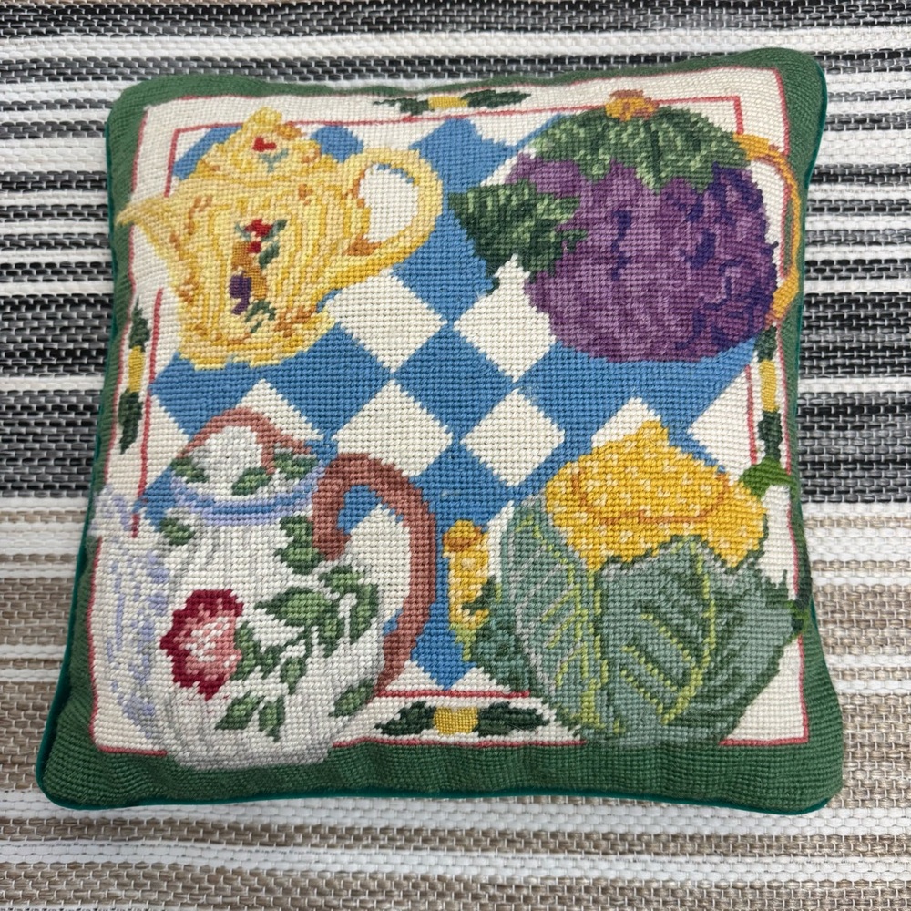 Vintage Wool‎ Needlepoint Multicolor Throw Pillow Teapot Collection